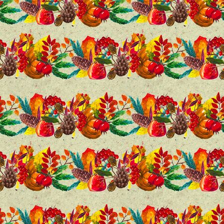 Autumn watercolor seamless pattern with leaves mushrooms and pine cones. Seasonal hand painted design with rowan, branches, berries and acornsの写真素材