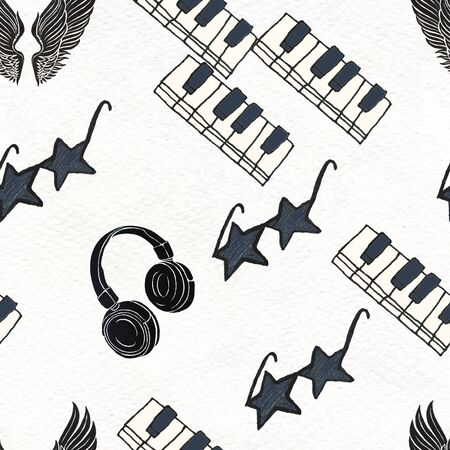Seamless Rock background. Abstract music modern pattern. Hand drawn illustration with piano, sunglasses, headphones and wings.の写真素材