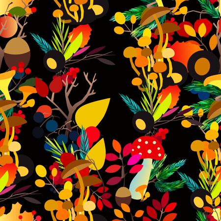 Autumn vector seamless pattern with berries, acorns, pine cone, mushrooms, branches and leaves. Fall colorful background. Fashion, fabric and prints, wrapping paper.のイラスト素材