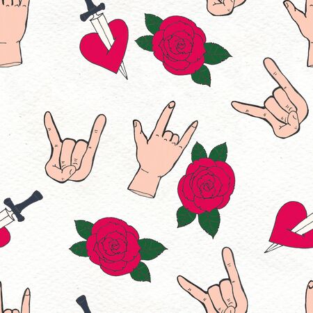 Seamless hard Rock background. Abstract music modern pattern. Hand drawn illustrationの写真素材