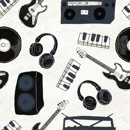 Seamless Rock background. Abstract music modern pattern. Hand drawn illustration Vinyl records, guitar, skull, keys, headphones.の写真素材