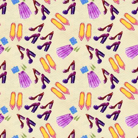 Fashion seamless pattern. Watercolor hand-drawn background with dresses shoes skirts, perfumes and bags. hand painted illustration. Style and shopping clothesの写真素材