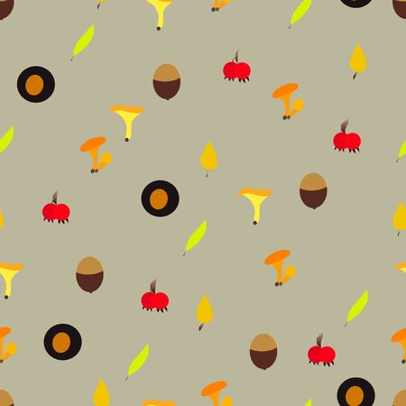 Autumn vector seamless pattern with berries, acorns, pine cone, mushrooms, branches and leaves. Fall colorful background. Fashion, fabric and prints, wrapping paper.のイラスト素材