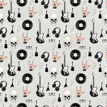 Seamless Rock background. Abstract music modern pattern. Hand drawn illustration Vinyl records, guitar, skull, keys, headphones.の写真素材