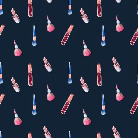 Make up seamless pattern. Hand drawn beauty Makeup products. Lipstick, eye shadows, eyeliner, concealer, nail polish and brushes. Cosmetic background.の写真素材