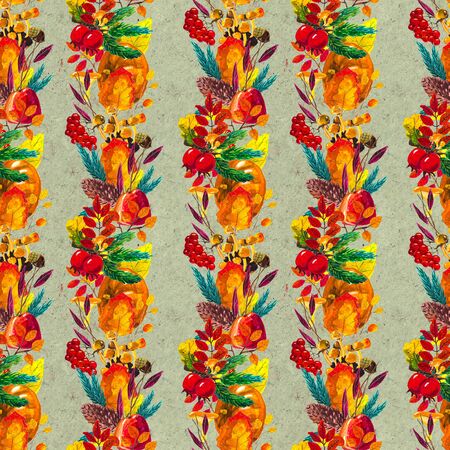 Autumn watercolor seamless pattern with leaves mushrooms and pine cones. Seasonal hand painted design with rowan, branches, berries and pumpkinsの写真素材