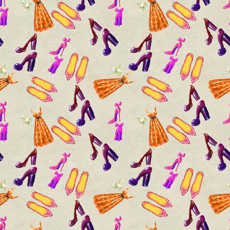 Fashion seamless pattern. Watercolor hand-drawn background with dresses shoes skirts, perfumes and bags. hand painted illustration. Style and shopping clothesの写真素材