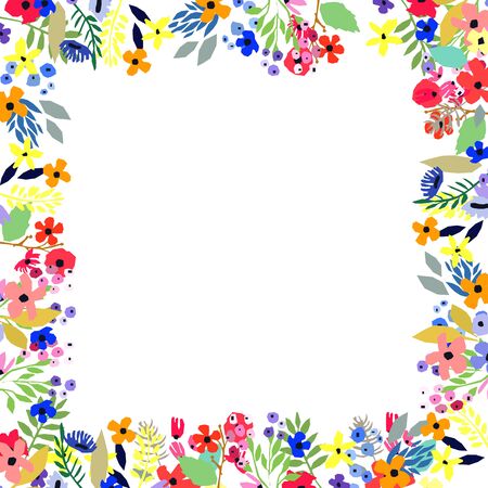 Floral frame. Border made of flowers. Wildflowers leaves and branches. Vector illustration. Nature background for greeting cards or invitations.のイラスト素材