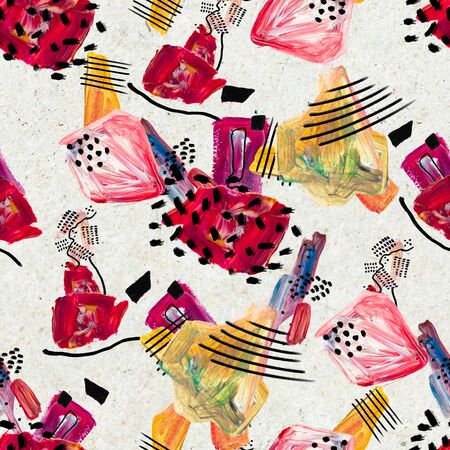 Seamless pattern with hand drawn paint strokes. Art background. Abstract colorful acrylic painting. Geometric shapes. Palette of oil paints. Print for textileの写真素材