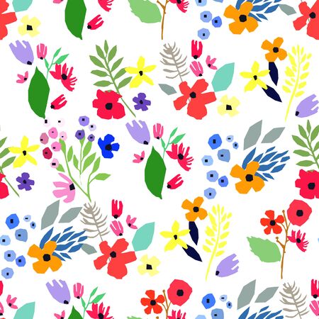 Seamless pattern. Vector floral design with wildflowers. Romantic background print for fabrics. Spring nature illustration. Abstract colorful flowers.のイラスト素材