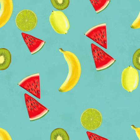 Hand drawn seamless pattern with bananas, coconuts, pineapples papaya and melon. Summer background with exotic fruits. Top view. Wallpaper or textile tropic printの写真素材