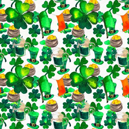 Seamless background with St. Patricks Day symbols. Watercolor hand drawn illustration with glass of beer, gold pot, cylinder, leaf of clover and irish flag. Holiday pattern.の写真素材