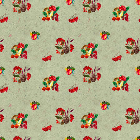 Autumn watercolor seamless pattern with leaves mushrooms and pine cones. Seasonal hand painted design with rowan, branches, berries and acornsの写真素材