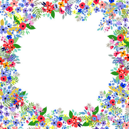 Floral frame. Spring blossom. Border made of cute flowers. Wildflowers leaves and branches. Vector illustration. Nature background.のイラスト素材