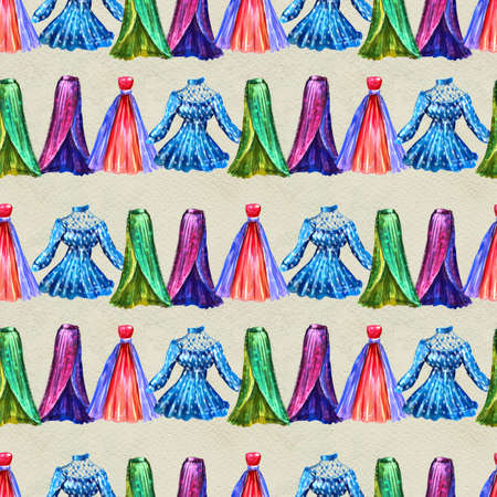 Fashion seamless pattern. Watercolor hand-drawn background with dresses. hand painted illustration. Style and shopping clothesの写真素材