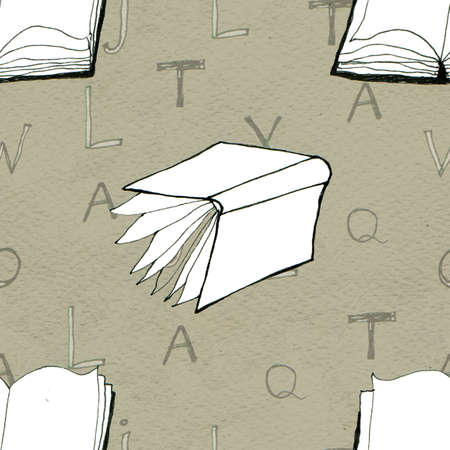 Seamless doodle pattern with books and letters. Library hand drawn sketchy background. Reading and education concept.の写真素材