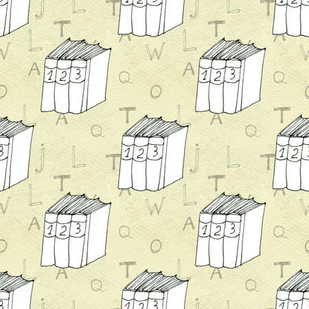 Seamless doodle pattern with books and letters. Library hand drawn sketch on yellow background. Reading and education concept.の写真素材