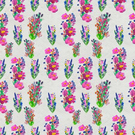 Seamless pattern with Beautiful flowers. Watercolor or acrylic painting. Hand drawn floral background. Wildflower wallpaper with pink rose, lavender and pappy. Nature artistic printの写真素材