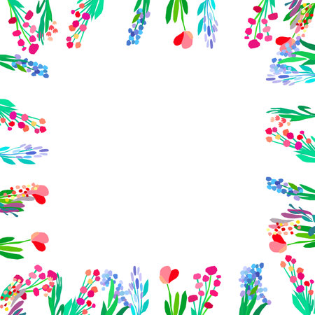 Vector floral frame. Abstract flowers on white background. Spring illustration. Invitation or greeting card templateのイラスト素材