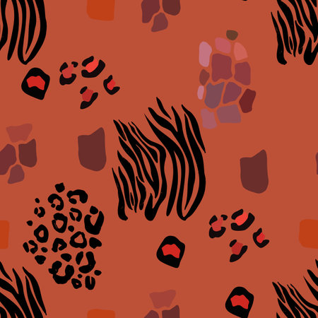 Wild animal mix seamless pattern. Leopard, zebra, giraffe, tiger and cheetah print. Abstract background. Textile Vector illustration.のイラスト素材
