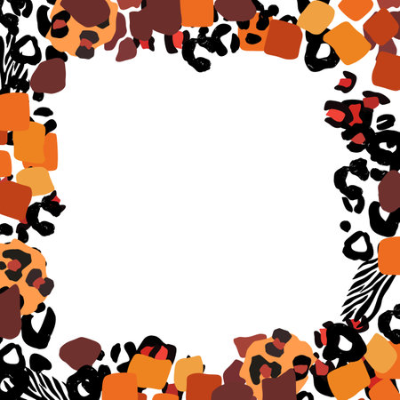 Wild animal mix aquare frame. Leopard, zebra, giraffe, tiger and cheetah border. Abstract background Vector illustrationのイラスト素材