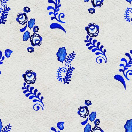 Blue floral textile. Seamless pattern in Russian gzhel style. Abstract background. Hand painted texture. Traditional ornament illustration.の写真素材