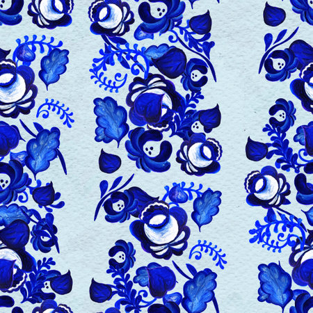 Seamless pattern in Russian gzhel style. Abstract background with flowers. Traditional ornamentの写真素材