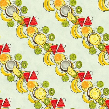 Hand drawn seamless pattern with bananas, coconuts, pineapples papaya and orange. Summer background with exotic fruits. Top view. Wallpaper or textile tropic printの写真素材