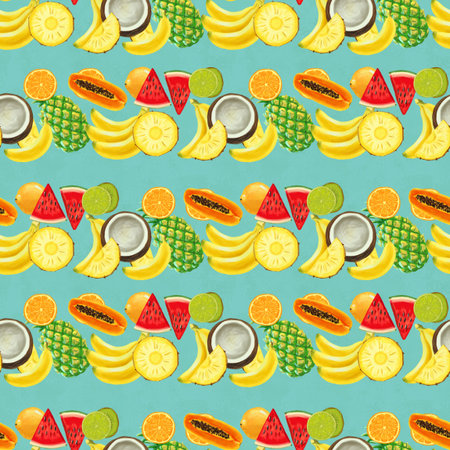 Hand drawn seamless pattern with bananas, coconuts, pineapples and papaya. Summer background with...