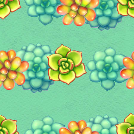 Seamless pattern with succulents. Beautiful floral print illustration. Wallpaper with 3d realistic flowers. Textile or wrapping paper.の写真素材