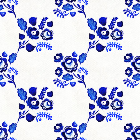 Blue floral textile. Seamless pattern. Russian gzhel background with flowers. Hand painted texture. Traditional ornament illustration.の写真素材