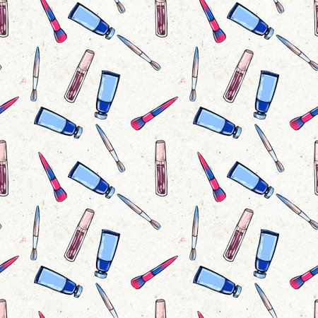 Make up seamless pattern. Hand drawn beauty Makeup products. Lipstick, eye shadows, eyeliner, concealer, nail polish and brushes. Cosmetic background.の写真素材