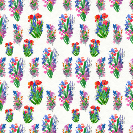 Seamless pattern with Beautiful flowers. Watercolor or acrylic painting. Wildflower wallpaper with wild rose, lavender and pappy. Nature artistic print designの写真素材