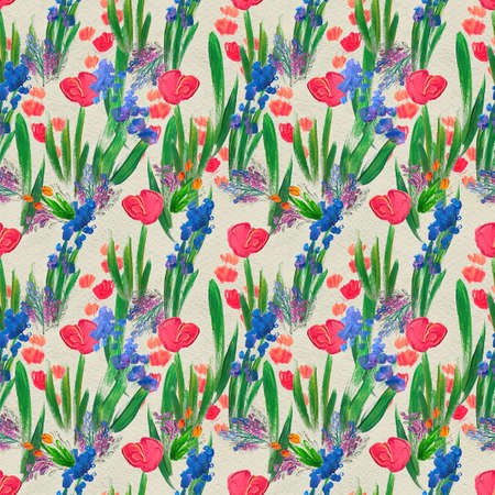 Seamless pattern with flowers. Watercolor or acrylic painting. Hand drawn floral background.の写真素材