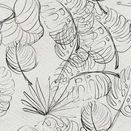 Black and white graphic tropical leaves seamless pattern. Exotic plants textile. Sketch nature illustration. Hand drawn textureの写真素材
