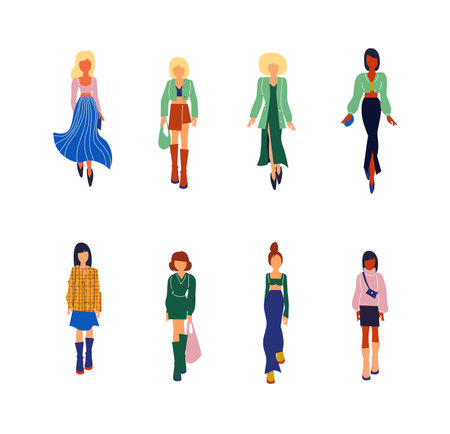 Collection of stylish young women dressed in trendy clothes. Vector fashion illustration.のイラスト素材