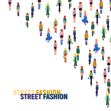 Stylish young women dressed in trendy clothes. Crowd of girls.のイラスト素材