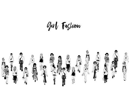 Stylish young women dressed in trendy clothes. Crowd of girls. Black and white illustrationのイラスト素材