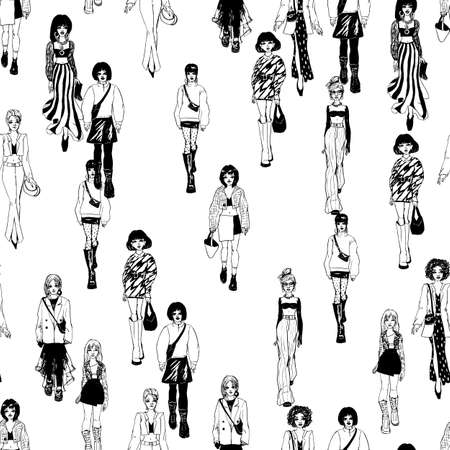 Seamless pattern. Women in trendy clothes. Defile sketch.のイラスト素材