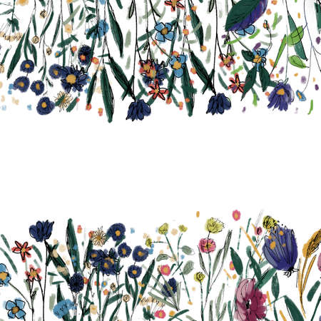 Greeting card with watercolor flowers. Abstract floral frame. Botanical hand drawn border.の写真素材