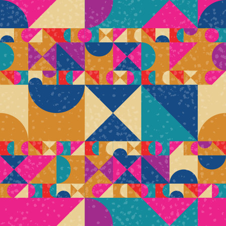Abstract seamless pattern with geometric shapes. Squares triangles and semicircles vintage...