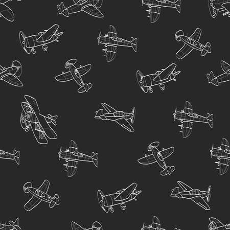 Vector seamless pattern with outline aircraft. Kids background with planes. Funny airplanesのイラスト素材