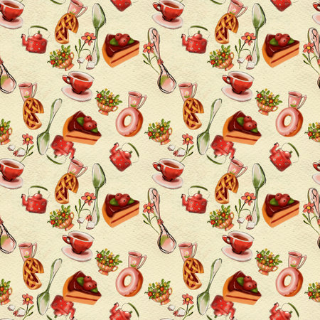Seamless hand drawn pattern. Tea drinking illustration.の写真素材
