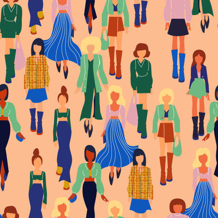 Seamless pattern. Women in trendy clothes. Fashion flat style illustration.のイラスト素材