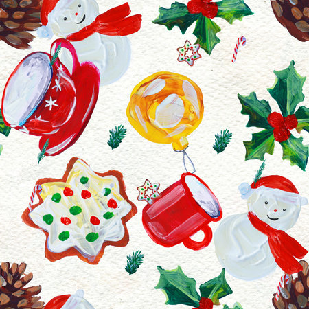 Watercolor Christmas seamless pattern. Hand painted holiday objects