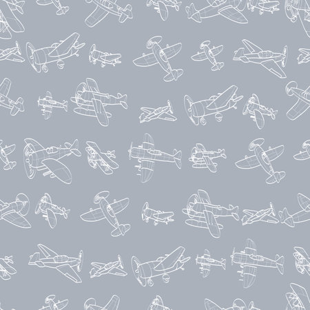 Vector seamless pattern with outline aircraft. Kids background with planes. Funny airplanesのイラスト素材
