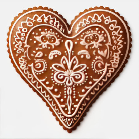 Gingerbread isolated on a white background. Christmas cookies in shape of heart. Holiday food. Traditional sweets.の素材