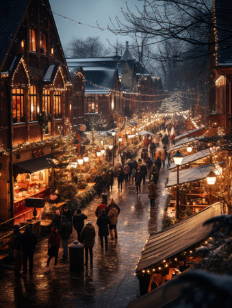 People in Christmas market, an illuminated street.Festive new year lights. Night time magic atmosphere. Old town decorated with lights in the backgroundの素材
