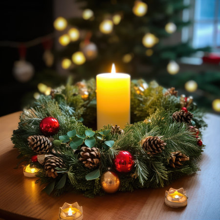 Burning candle and Christmas decoration and lights over wooden background, elegant low-key close up. Festive moodの素材