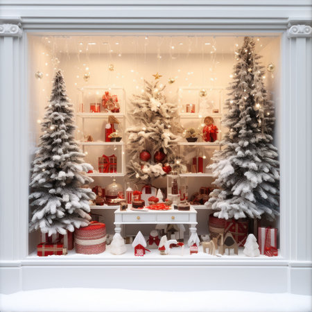 Showcase of shop with Christmas gifts, trees, toys, decorations and garlandsの素材